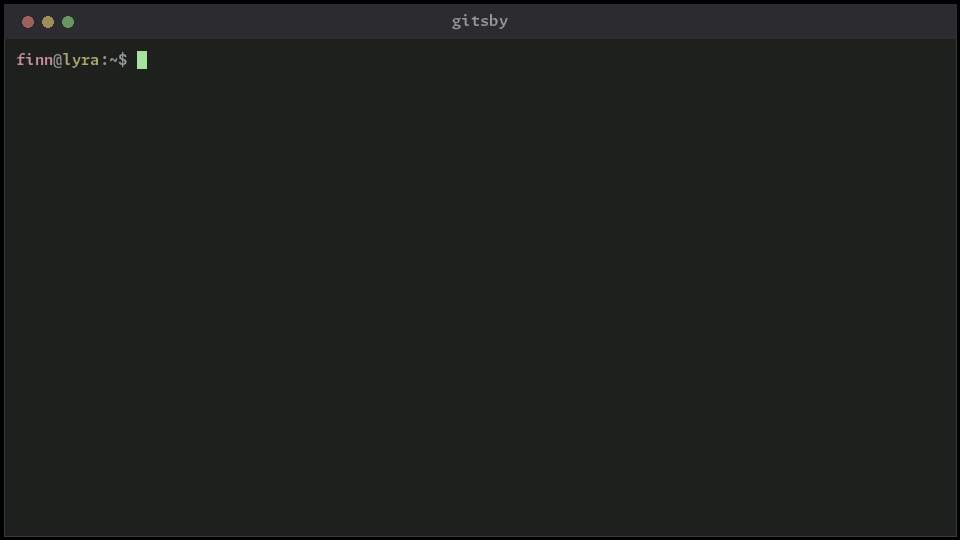 A Gitsby command carrying a change through a full branch and merge cycle, with the underlying git work shown as it runs.