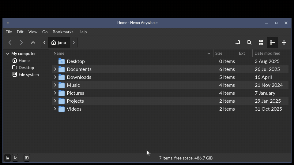 A tour of Nemo Anywhere: the folder tree beside Places, a second content pane, icon view with thumbnails, search results grouped by folder, files compressed with no helper program, and a drag that asks before it moves anything.