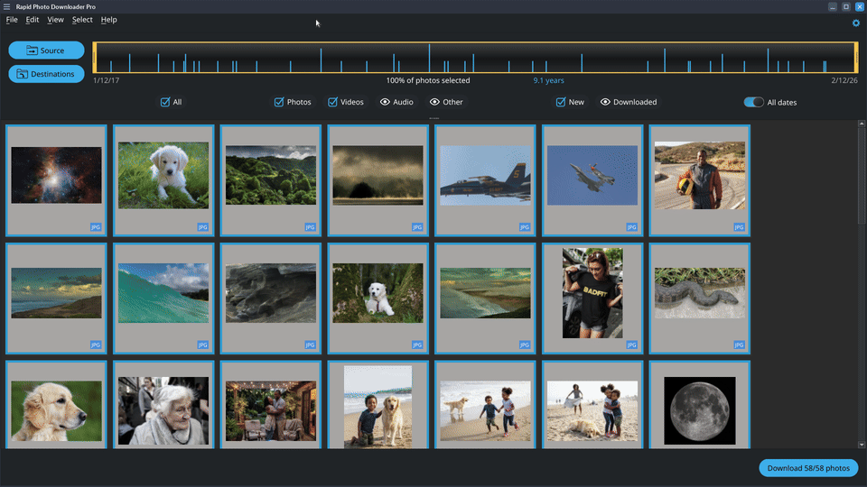 Importing from a memory card: thumbnails filling in, a date range picked on the timeline, and files renamed into dated folders.
