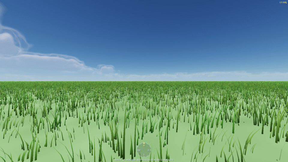 Walking through grassland on a procedurally generated world, under drifting cloud.