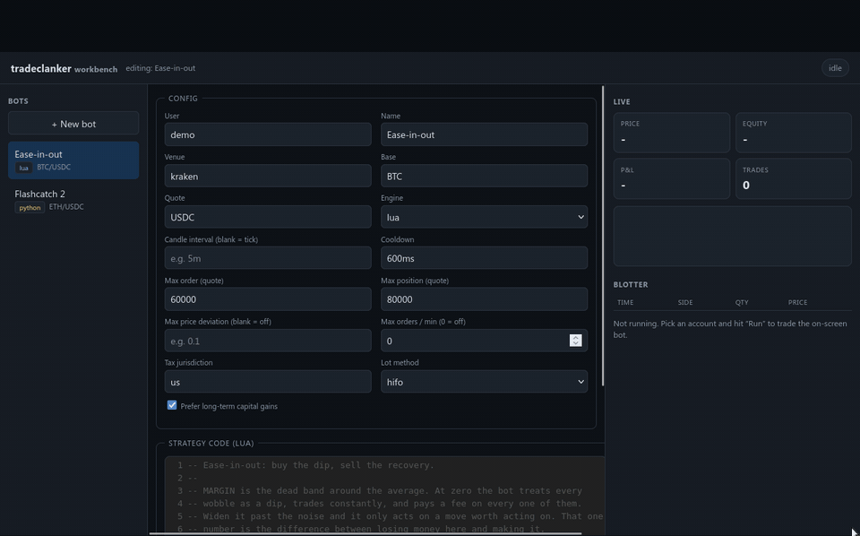 The TradeClanker workbench: a Lua strategy on the left, a live paper run and blotter on the right, and a back-test report below.