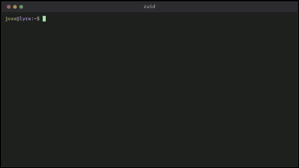 A terminal session running zuid with different options - minute precision in base 32 Crockford, then milliseconds in base 256tt - each printing the short identifier it produces.